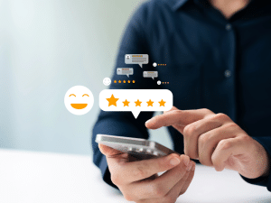 Happy med spa client leaving a 5-star review online—boost your reputation with Salterra’s review strategy.